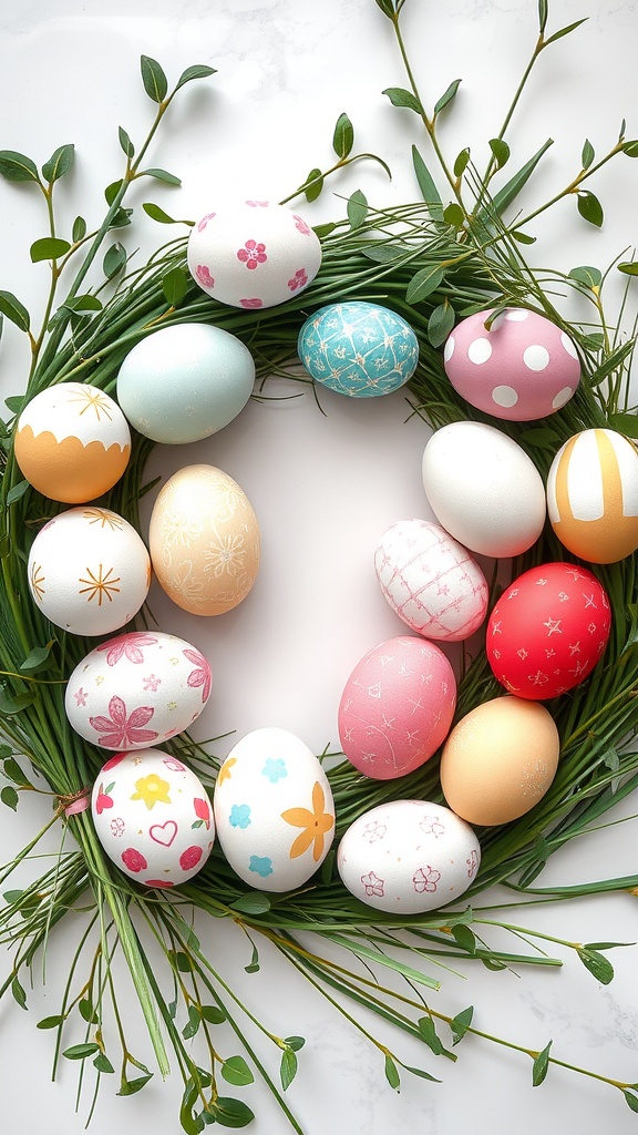 Easter bunny wreath with decorative eggs and greenery