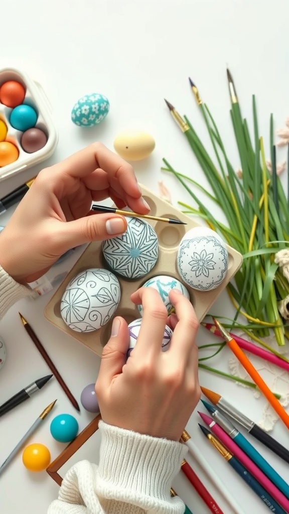 A person painting decorative eggs with various art supplies laid out on a table.