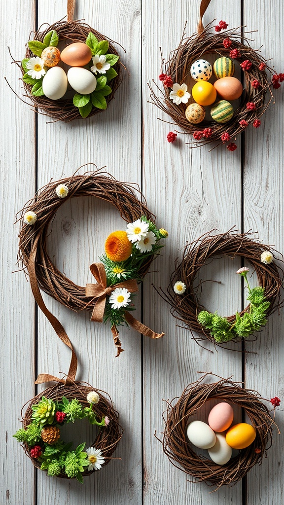 Various decorative egg wreaths showcasing colorful eggs and flowers.