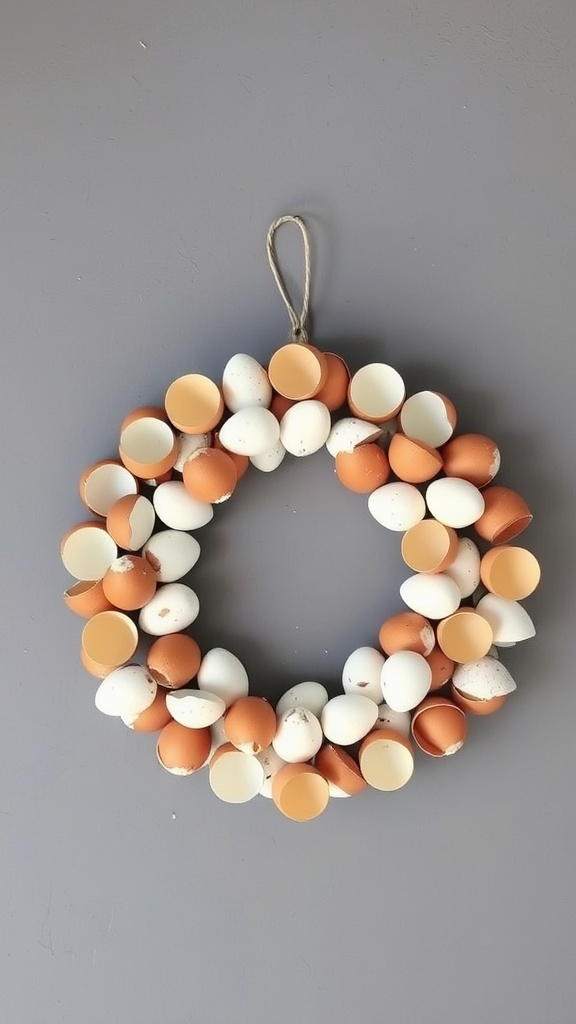 A wreath made of orange and white eggshells arranged in a circular pattern.