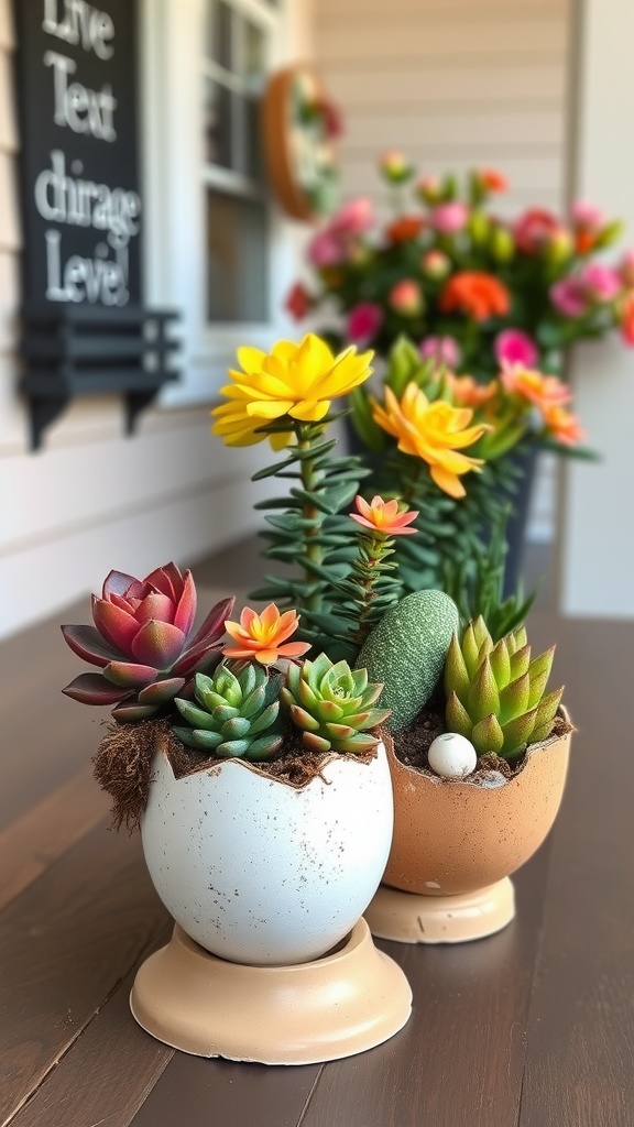 Succulent plants arranged in egg-shaped pots on a wooden table with a blurred background of colorful flowers and decor.