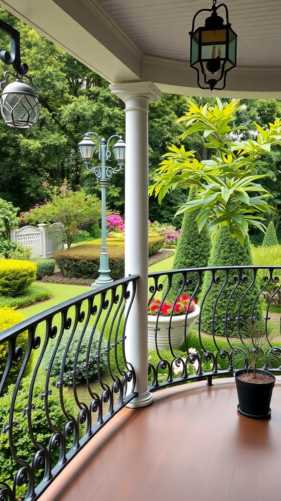 Elegant curved railing on a porch overlooking a lush garden