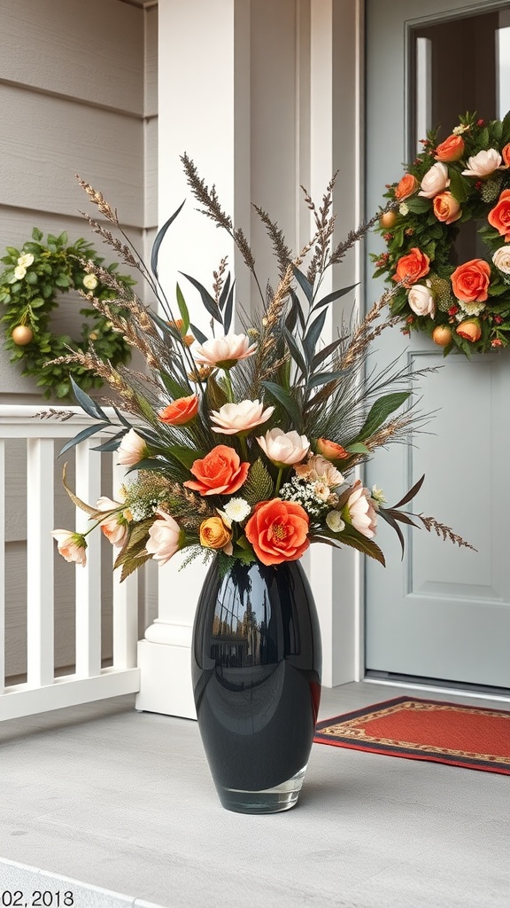 A stylish outdoor arrangement of artificial flowers on a front porch