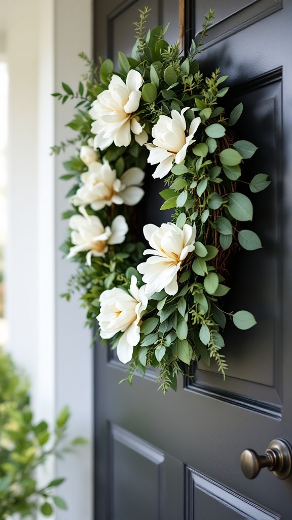 A spring wreath featuring elegant magnolia flowers and green leaves.