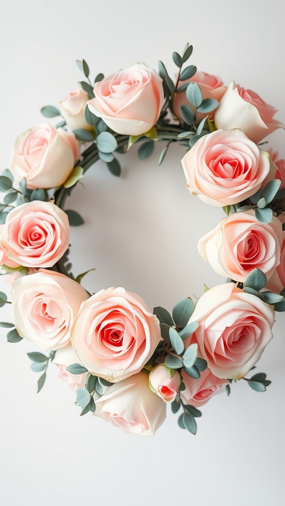 Floral wreath featuring pink roses and eucalyptus leaves.