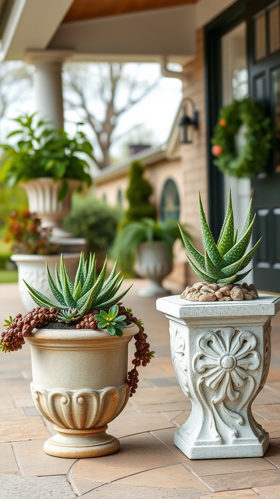 Two elegant stone planters with succulents on a front porch.