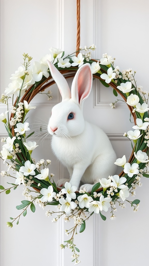 A white bunny sitting inside a floral wreath with white flowers and greenery.