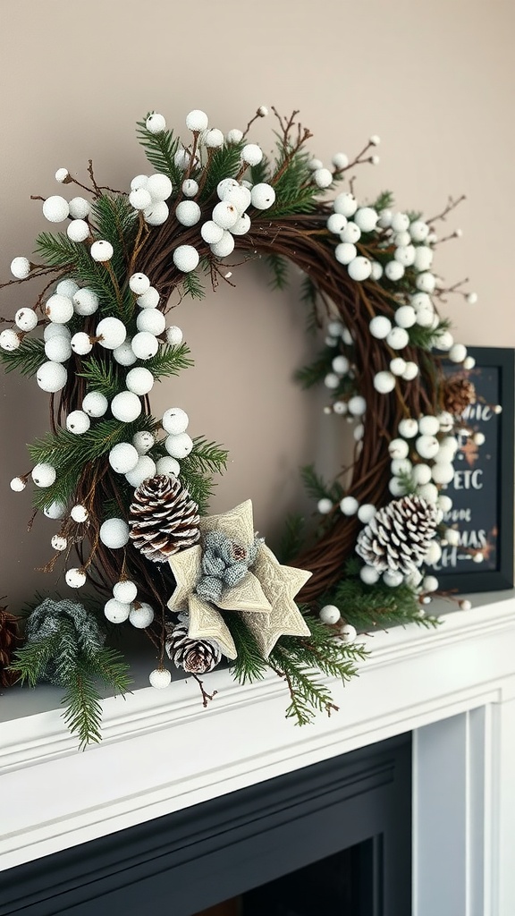 A beautiful winter grapevine wreath adorned with white accents and pinecones, displayed above a fireplace.