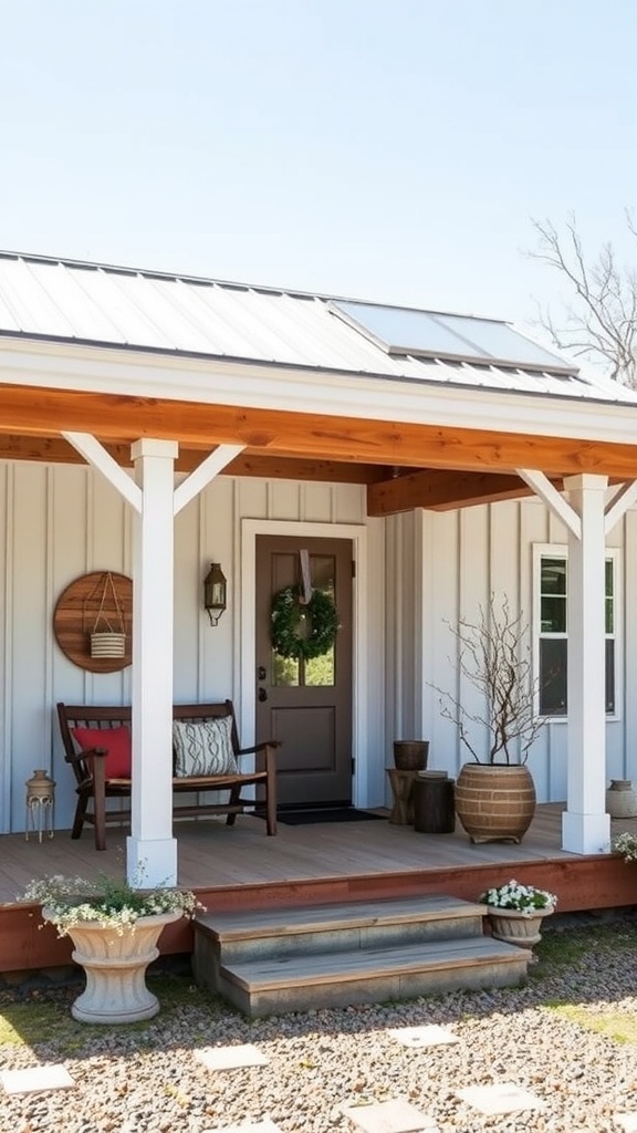 Rustic farmhouse entrance with a wrap-around porch and natural materials