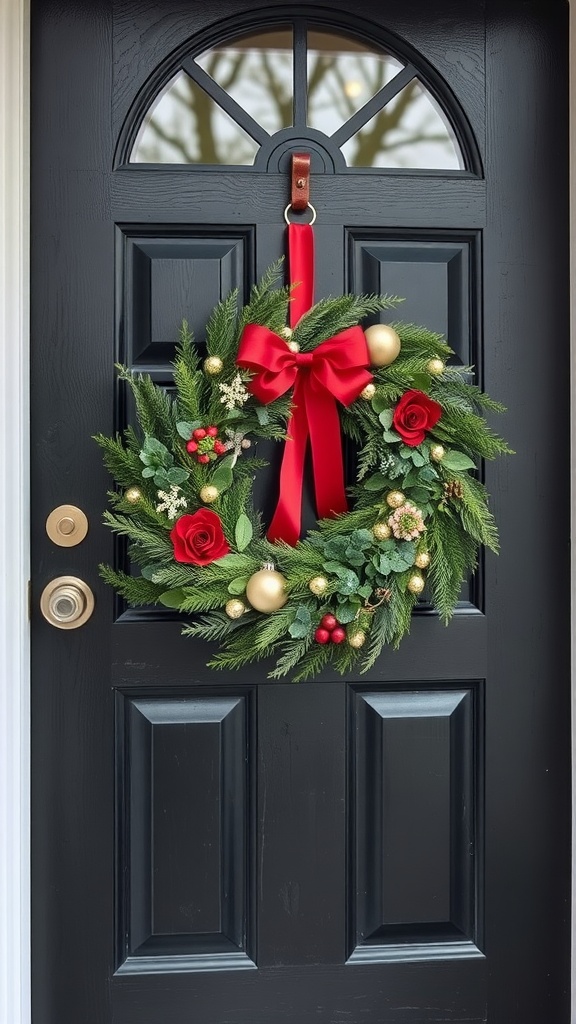 A decorative wreath with red roses, green foliage, and a red bow hanging on a black front door.