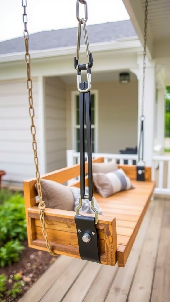 A porch with a hanging bed swing and various wooden pieces and ropes scattered on the floor.