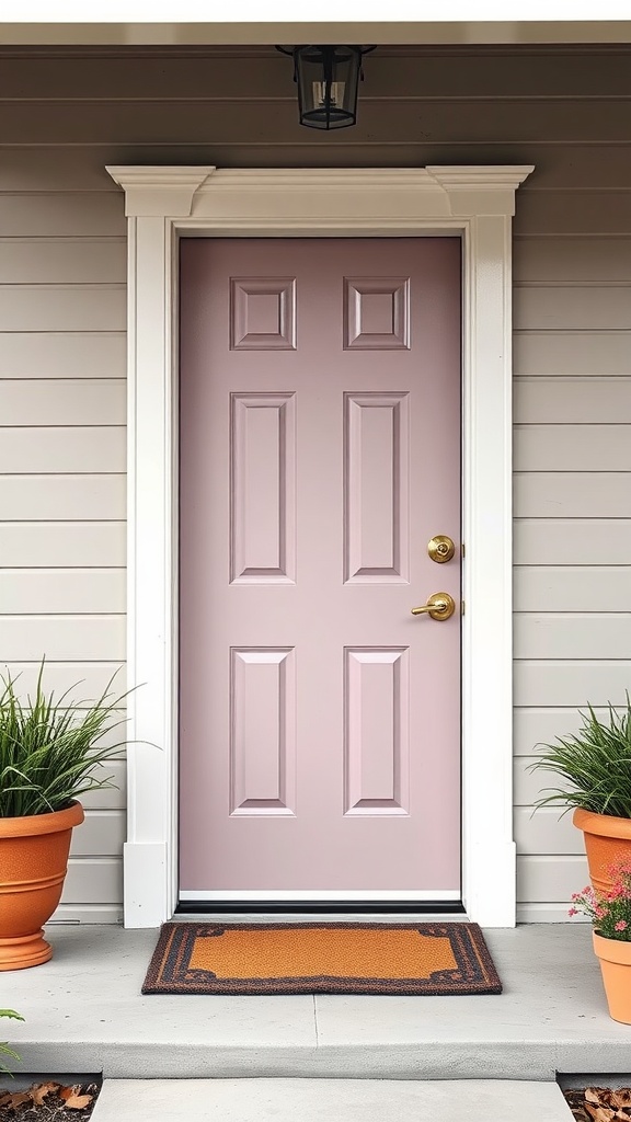 Front porch with a light purple door and potted plants