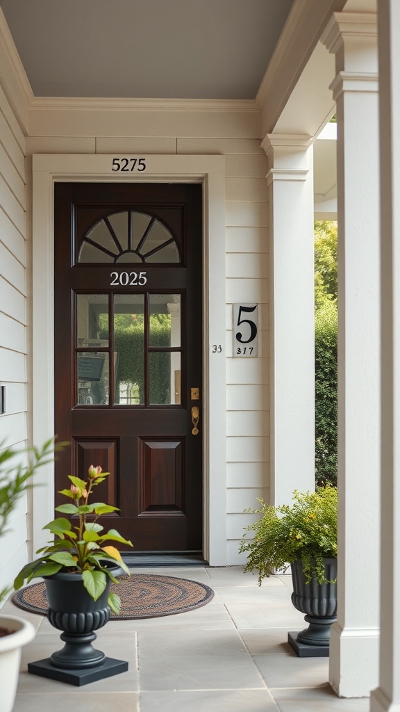 Front porch featuring decorative house numbers and planters.