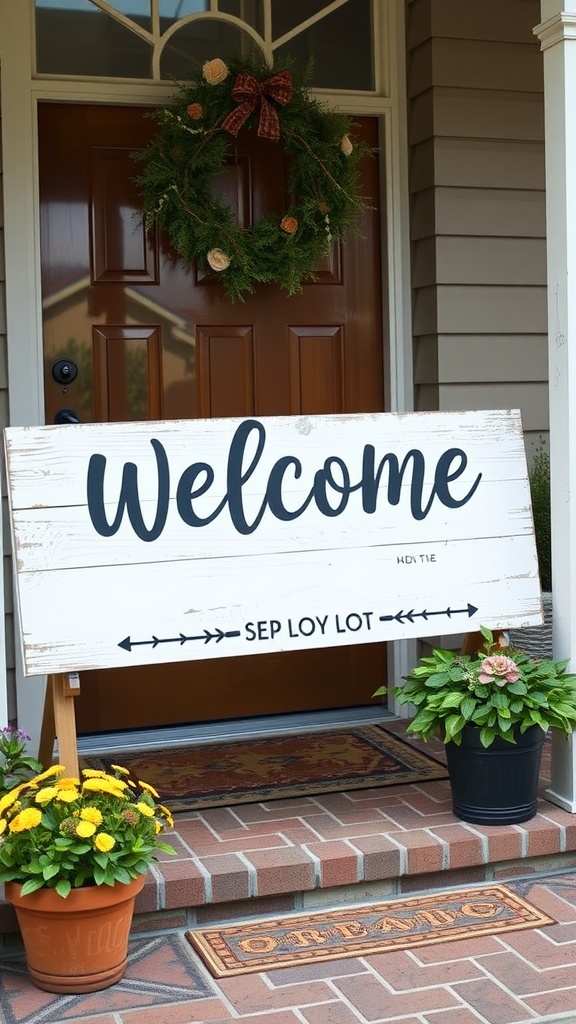 A porch with a wooden welcome sign, green plants, and colorful flowers