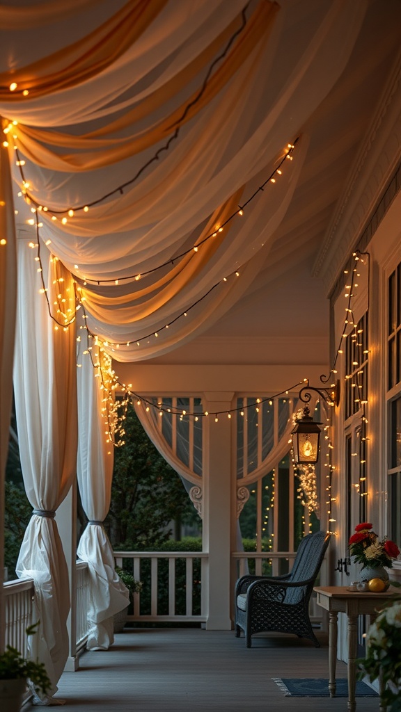 A porch with draped fabric and warm string lights creating a cozy atmosphere.