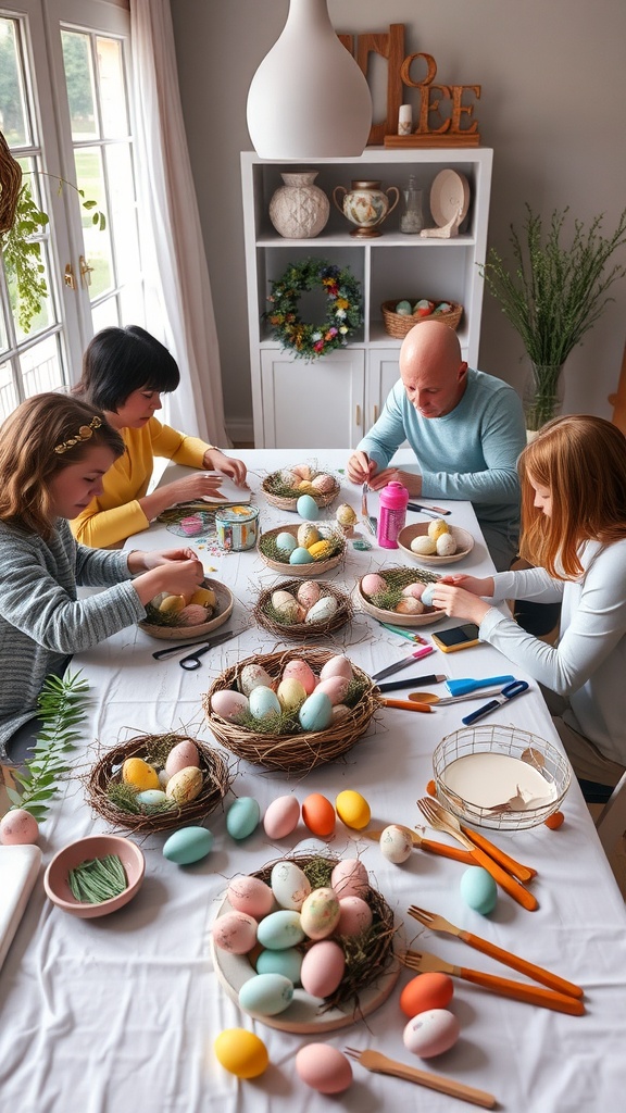 A family engaged in crafting Easter wreaths with colorful eggs and decorations.