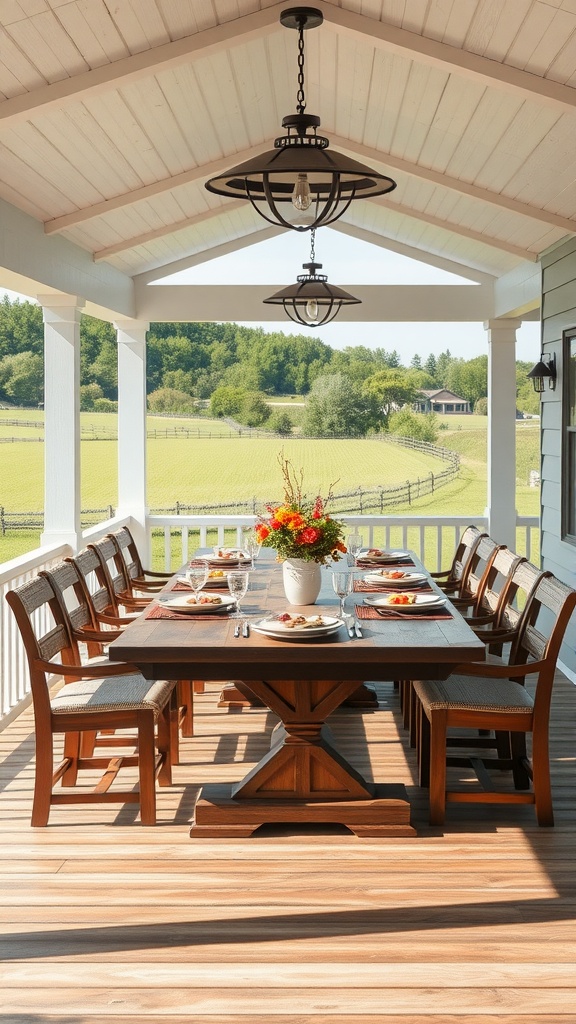 A rustic farmhouse porch with a large wooden dining table set for a meal, surrounded by chairs and a scenic view.