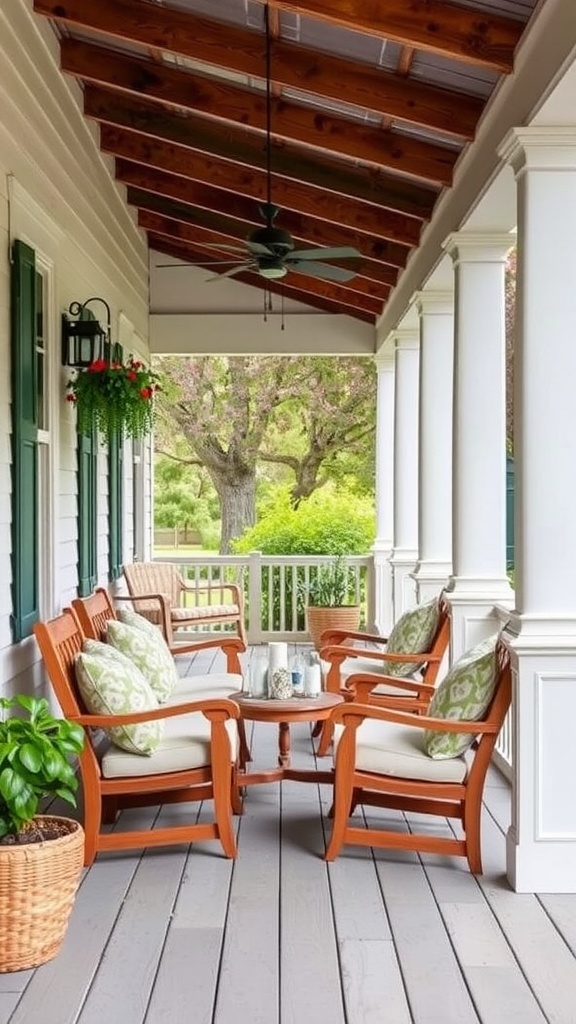 A cozy farmhouse front porch with wooden furniture and cushions.