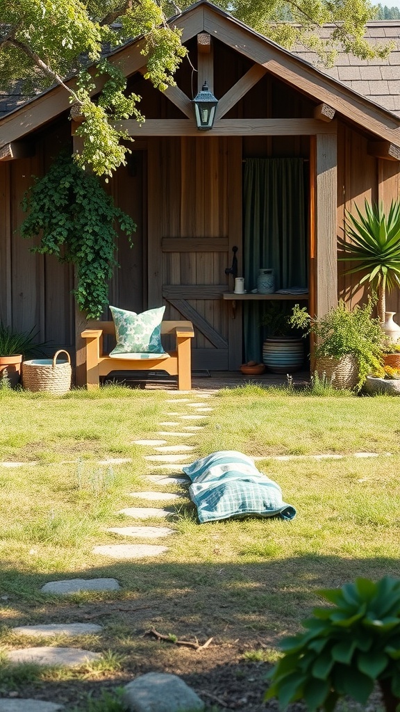 Rustic farmhouse with a cozy porch and greenery.