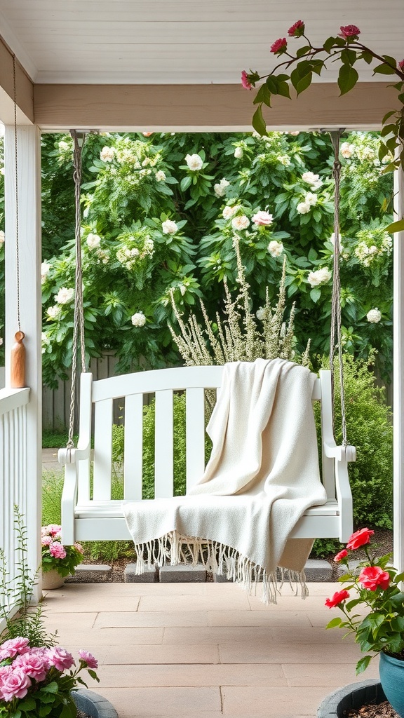 A white free standing porch swing with a cozy blanket in a vibrant garden setting.