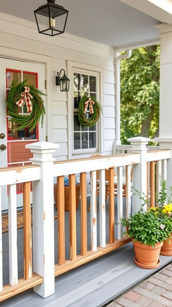 Farmhouse style porch railing with white slats and potted flowers