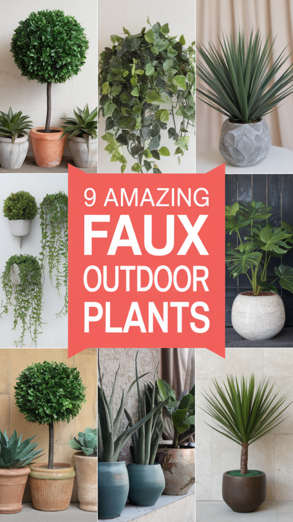 Collage showcasing nine different faux outdoor plants in various pots, featuring topiary trees, trailing vines, and spiky succulents, with a central banner stating '9 Amazing Faux Outdoor Plants.'