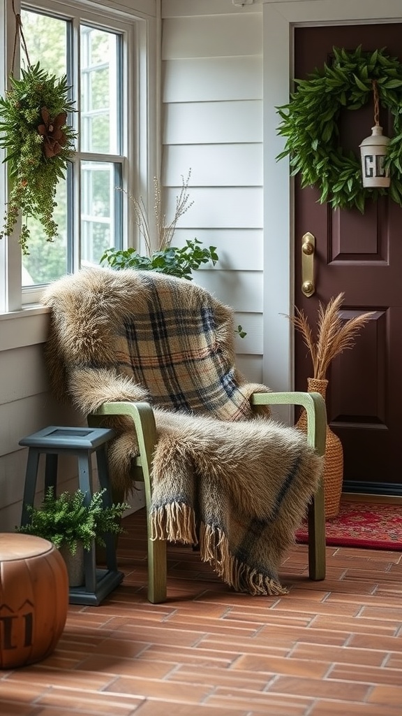 A cozy farmhouse porch with a faux fur throw draped over a chair, surrounded by plants and welcoming decor.