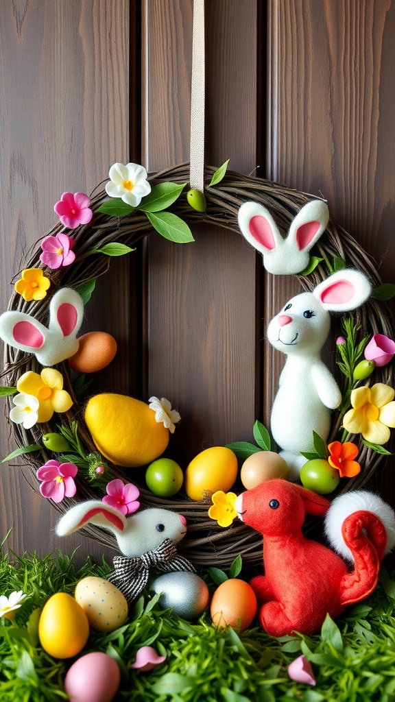 Colorful Easter wreath with felt animal decorations, including bunnies and a squirrel, surrounded by eggs and flowers.