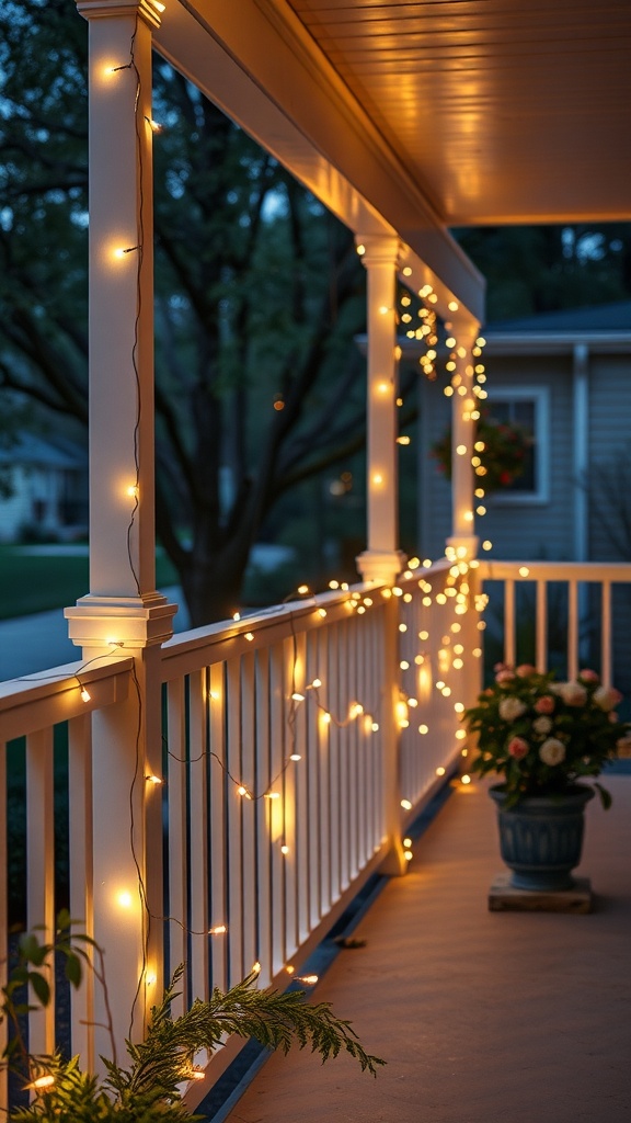 A front porch decorated with warm string lights and potted plants