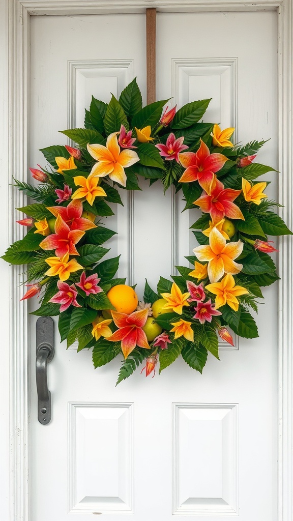 A colorful summer wreath adorned with yellow and pink flowers and green leaves, hanging on a white door.