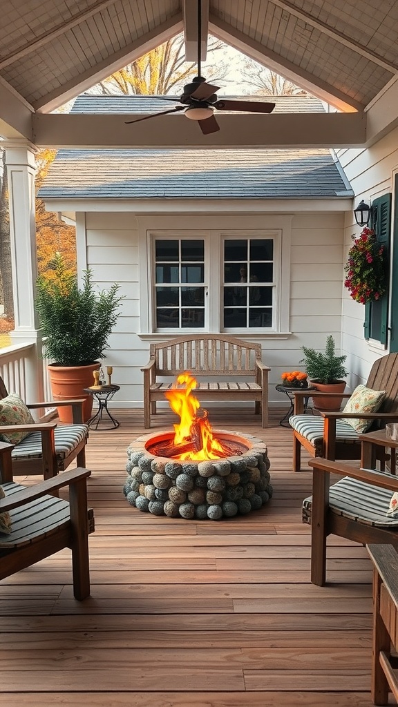 Cozy farmhouse front porch with a fire pit surrounded by seating.