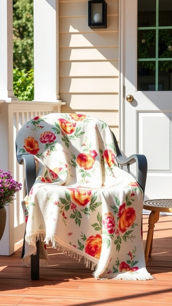 A cozy floral throw blanket draped over a chair on a front porch, surrounded by plants.