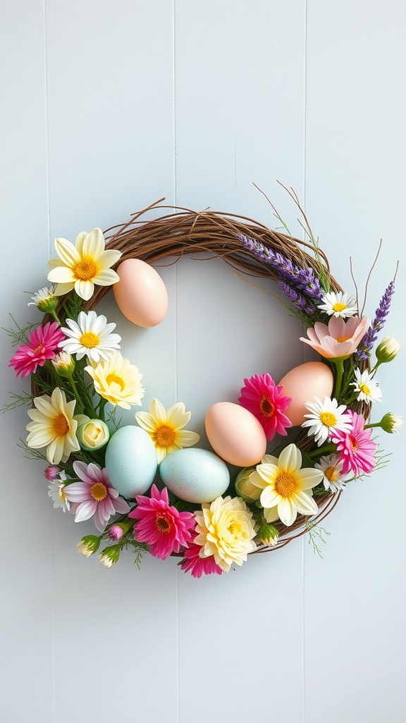 Easter egg wreath decorated with colorful flowers and pastel eggs