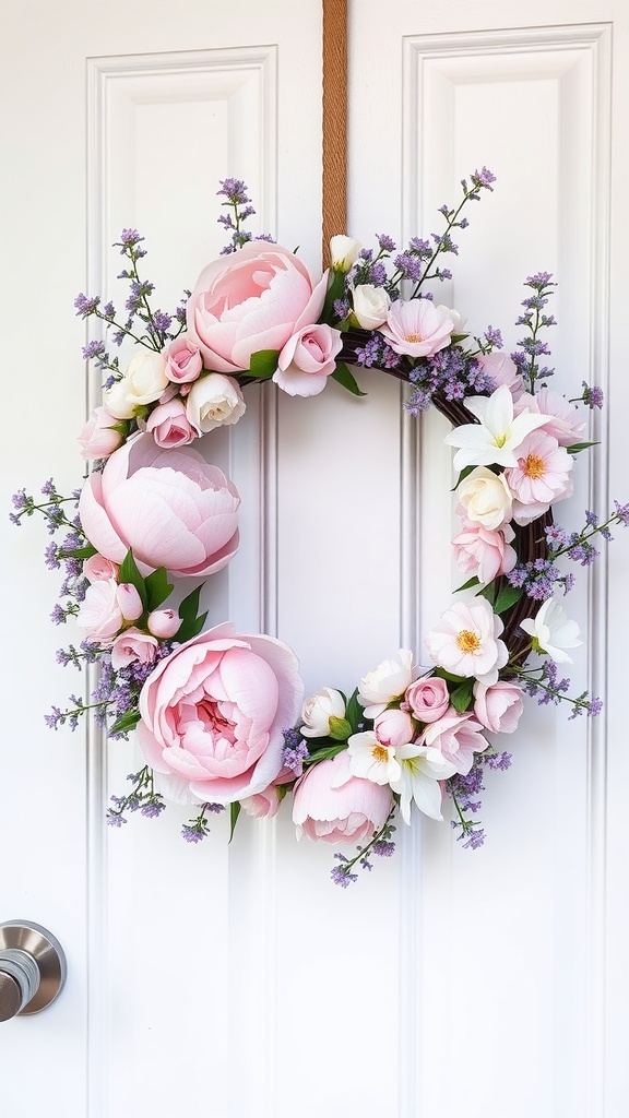 A beautiful spring wreath featuring pastel flowers including pink peonies and white blooms.