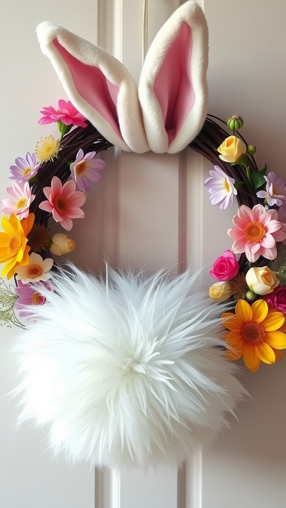 Easter bunny wreath with floral accents and a fluffy white tail