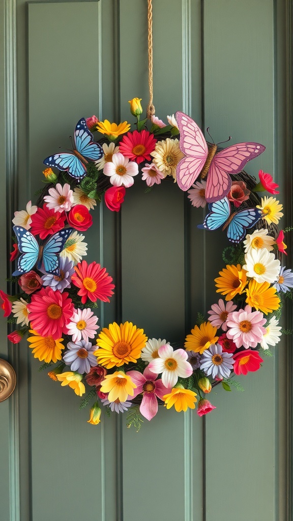 A colorful spring floral wreath adorned with daisies and butterflies, hanging on a green door.