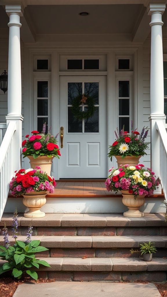 A beautiful farmhouse front porch with colorful floral planters on either side of the steps.