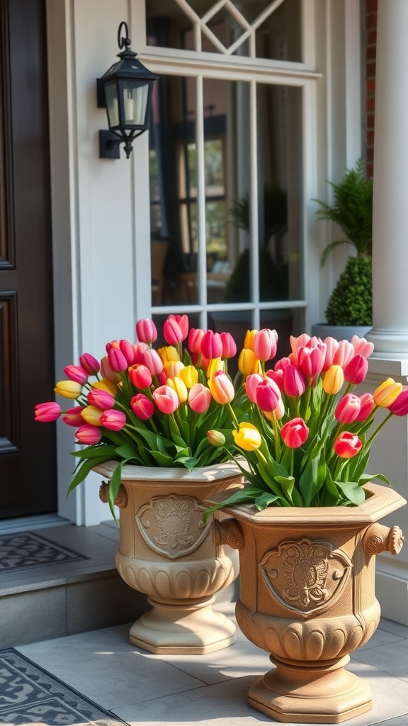 Floral planters with colorful tulips on a front porch