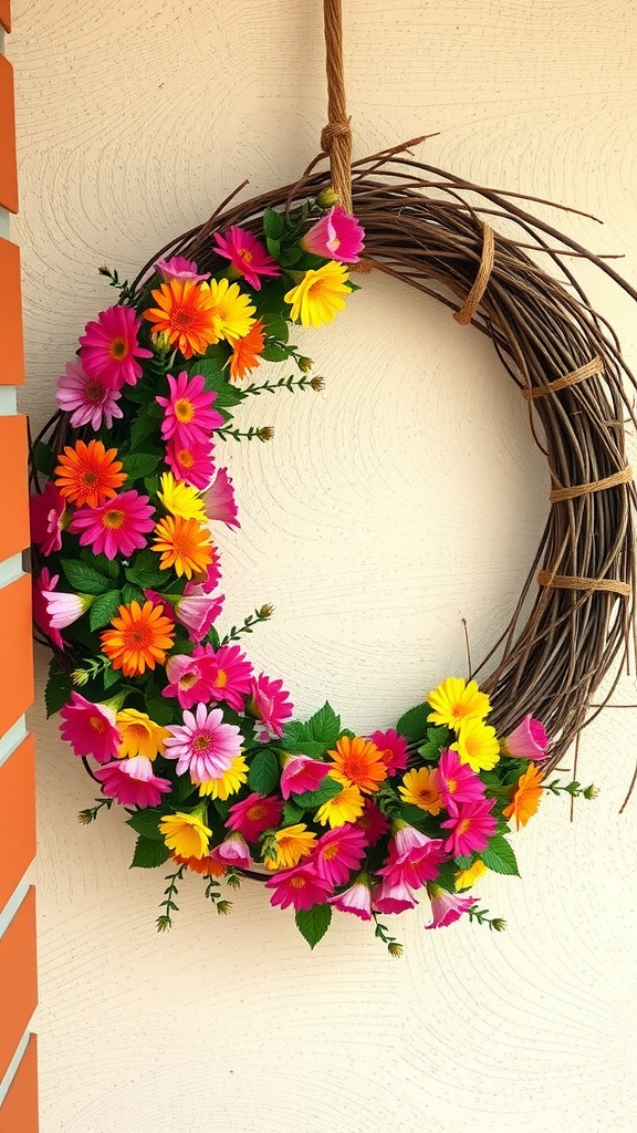 A colorful floral grapevine wreath decorated with various flowers and greenery.