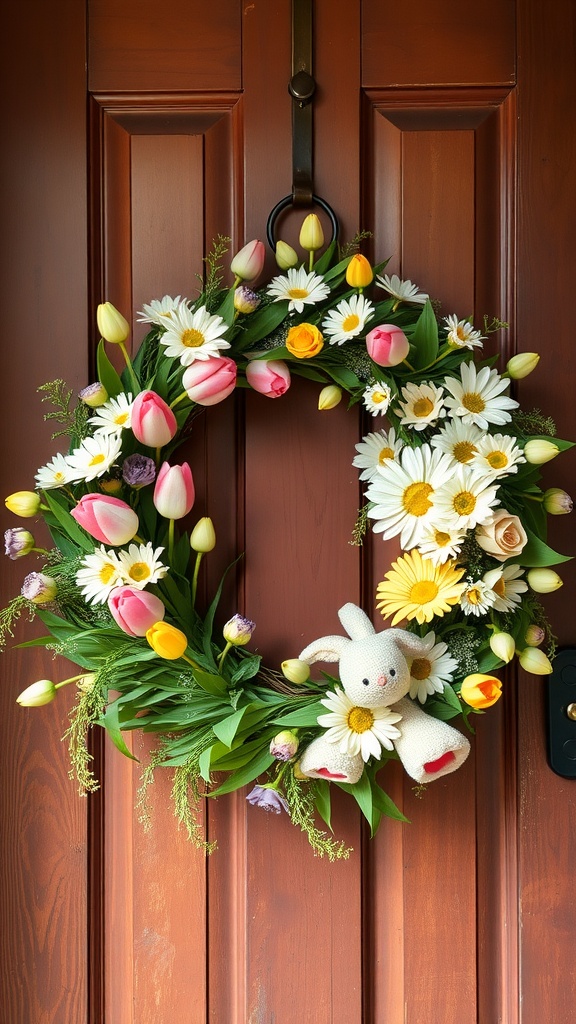 Easter wreath adorned with tulips, daisies, and a cute bunny plush