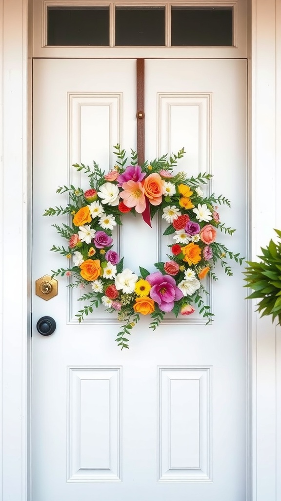 A colorful floral wreath hanging on a white door, featuring various flowers and greenery.