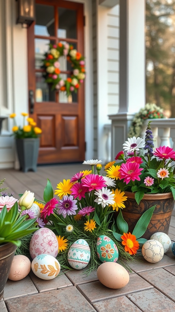 A colorful display of decorated Easter eggs surrounded by blooming flowers on a front porch.