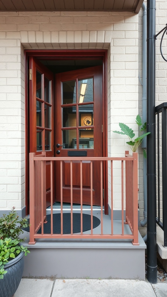 A foldable porch railing system in front of a wooden door.