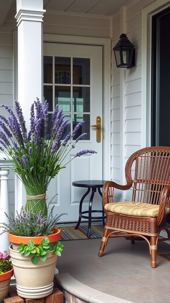 A charming farmhouse front porch with lavender plants in pots and a comfortable chair.