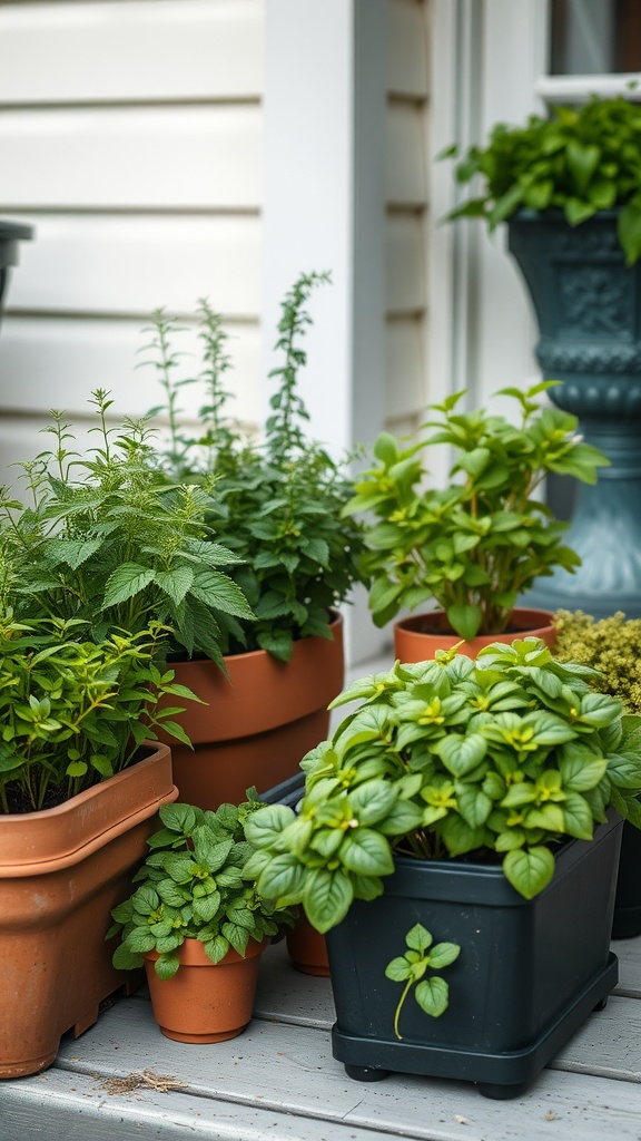 A variety of fresh herbs in pots on a front porch, including mint, basil, and parsley.