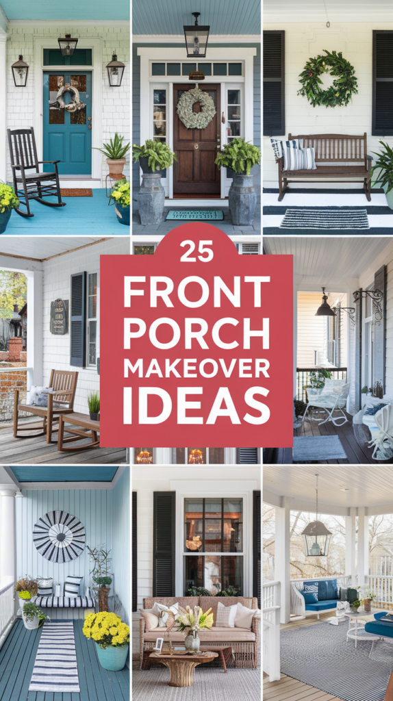 Collage of various front porch designs featuring rocking chairs, plants, wreaths, wooden benches, and a central text reading "25 Front Porch Makeover Ideas."