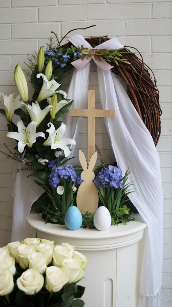 A decorative Easter arrangement featuring a wooden cross entwined with a white cloth surrounded by white lilies, blue hydrangeas, a wooden bunny figure, and colored Easter eggs on a white cabinet against a brick wall.