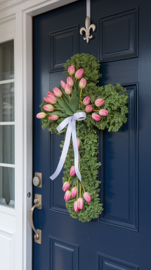 A navy blue door with a cross-shaped wreath made of greenery and pink tulips, adorned with a white ribbon, hangs from a fleur-de-lis hook.