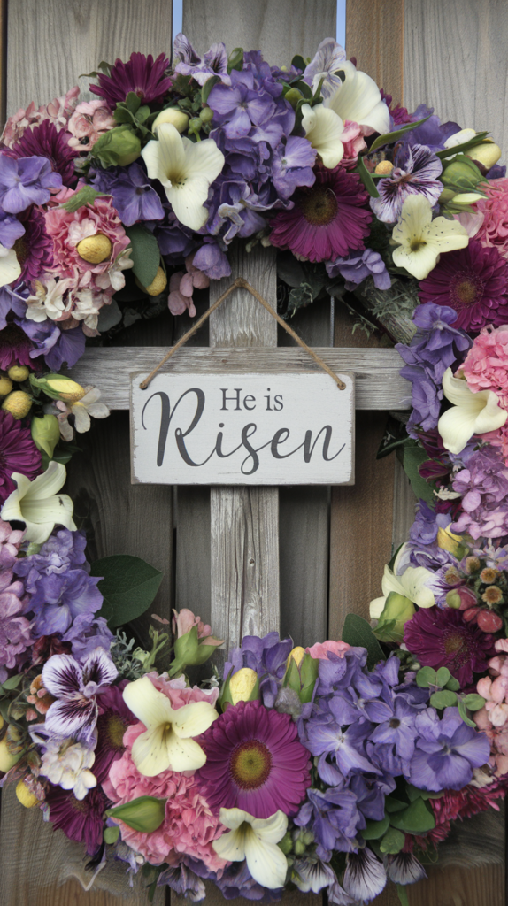 A wooden cross with a floral wreath of purple, pink, and yellow flowers, featuring a sign that reads 'He is Risen.'