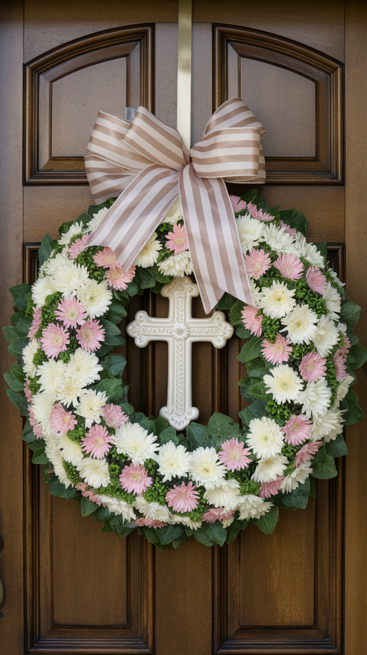 A floral wreath with white and pink flowers, accented with green leaves, and a white cross at the center, decorated with a large striped bow, hanging on a wooden door.